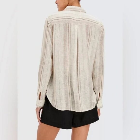 Rails Charli Reims Stripe Linen Blend Button Up Top Coastal in Brown/Cream XL - Picture 2 of 16